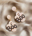 Beaded ghost earrings with "Boo" design on a gold-tone background, perfect for Halloween and fall fashion.