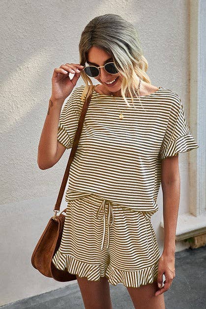 French Market Shorts Set featuring striped ruffle top and matching shorts, perfect for chic casual wear.