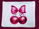 Disco Cherries design on a cosmetic bag, featuring hot pink mirror-ball cherries and a festive bow.
