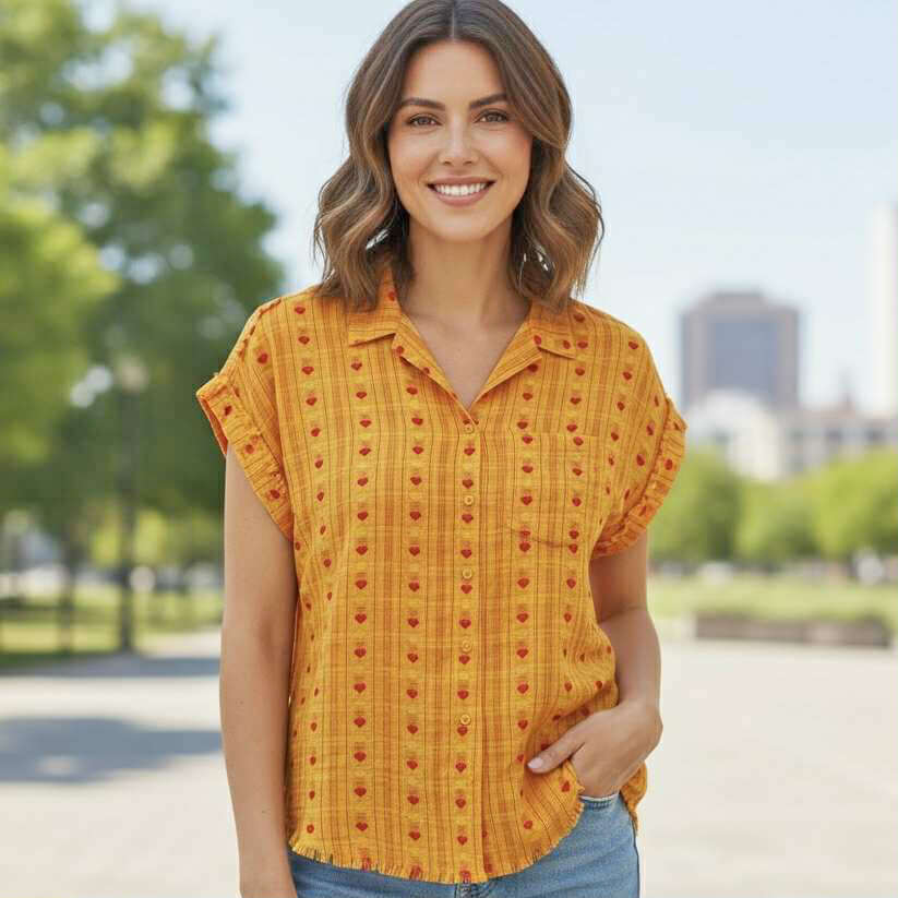 Cheerful yellow button-down blouse with heart motifs, perfect for casual sunny days.