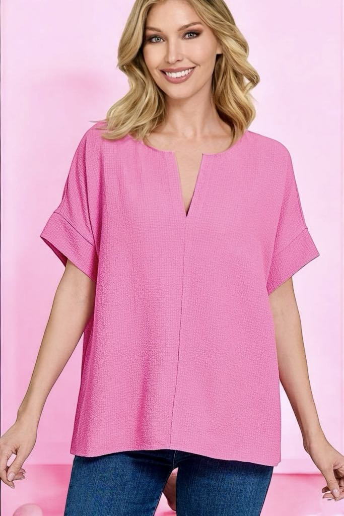 Lightweight pink SOFT BREEZE TOP by Zenana, perfect for stylish comfort with optimal airflow.