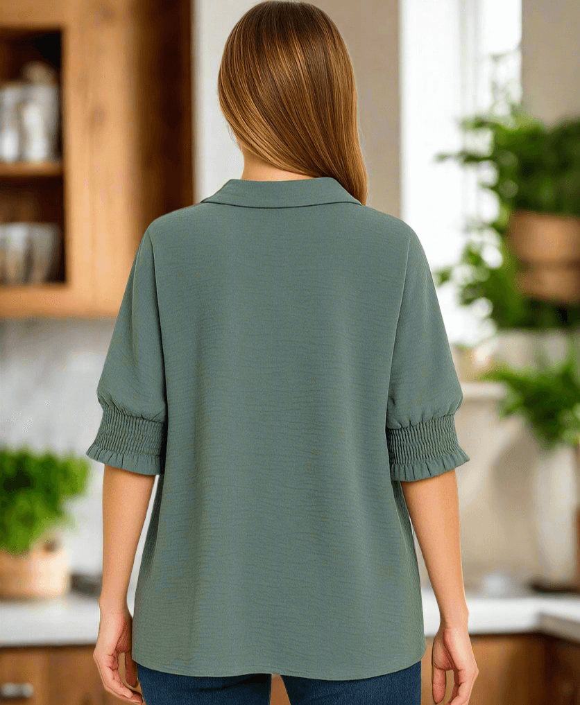 Back view of the Zen Air Top in Jade by Zenana featuring smocked sleeves and airflow design.