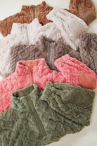 "Teddy Bear Sherpa fleece pullovers in various colors, featuring cable pattern, half zip, and elbow patches by Very J"