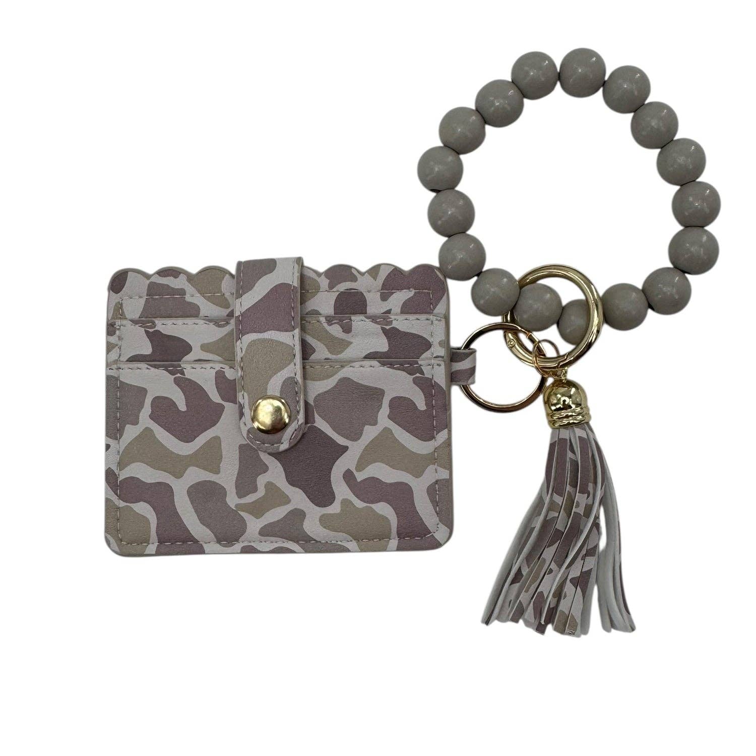 LULU MAC CAMO WRISTLET ID Wallet with a light camo design and beaded keychain for stylish convenience.
