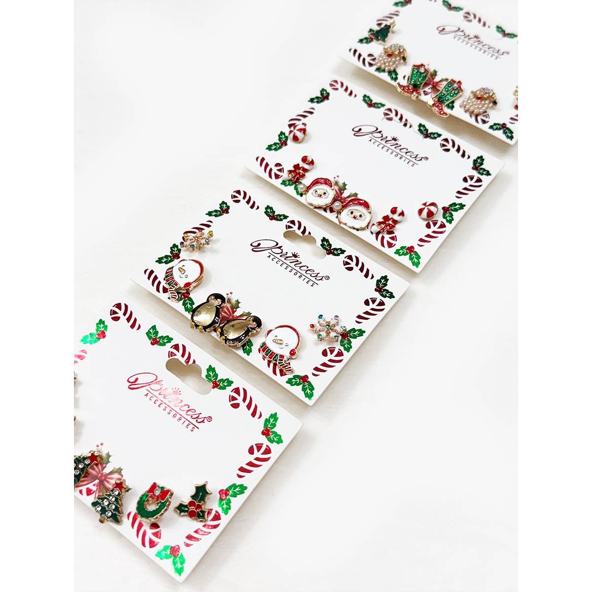 Cute Christmas Theme Sparkly Earrings displayed on gift cards featuring festive designs and sparkling details.