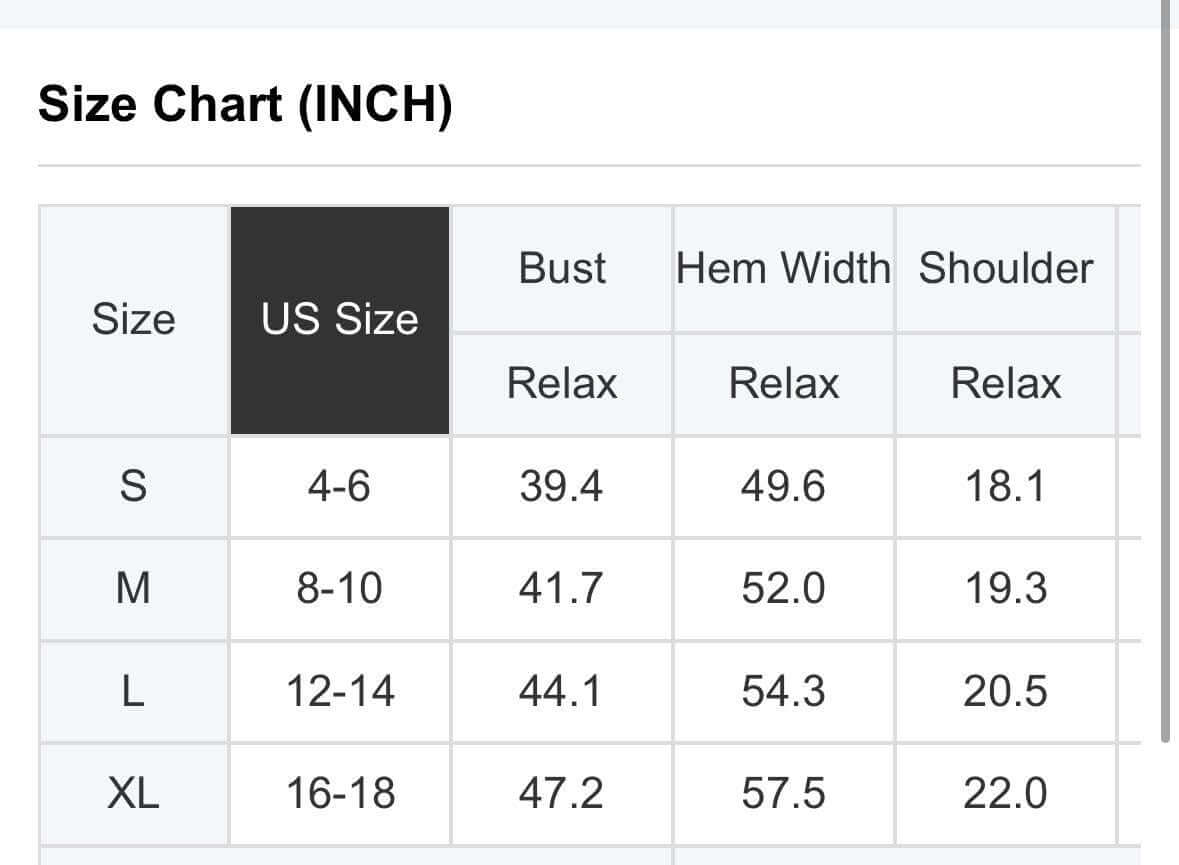 Size chart for PAINTED HORIZON TOP showing US sizes S to XL and their respective measurements.