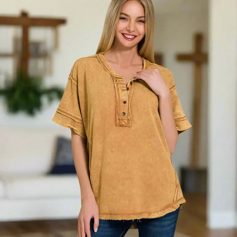 Golden Trail Top in Dark Toffee by Zenana, featuring a casual design with raw edge finish and front button closure.