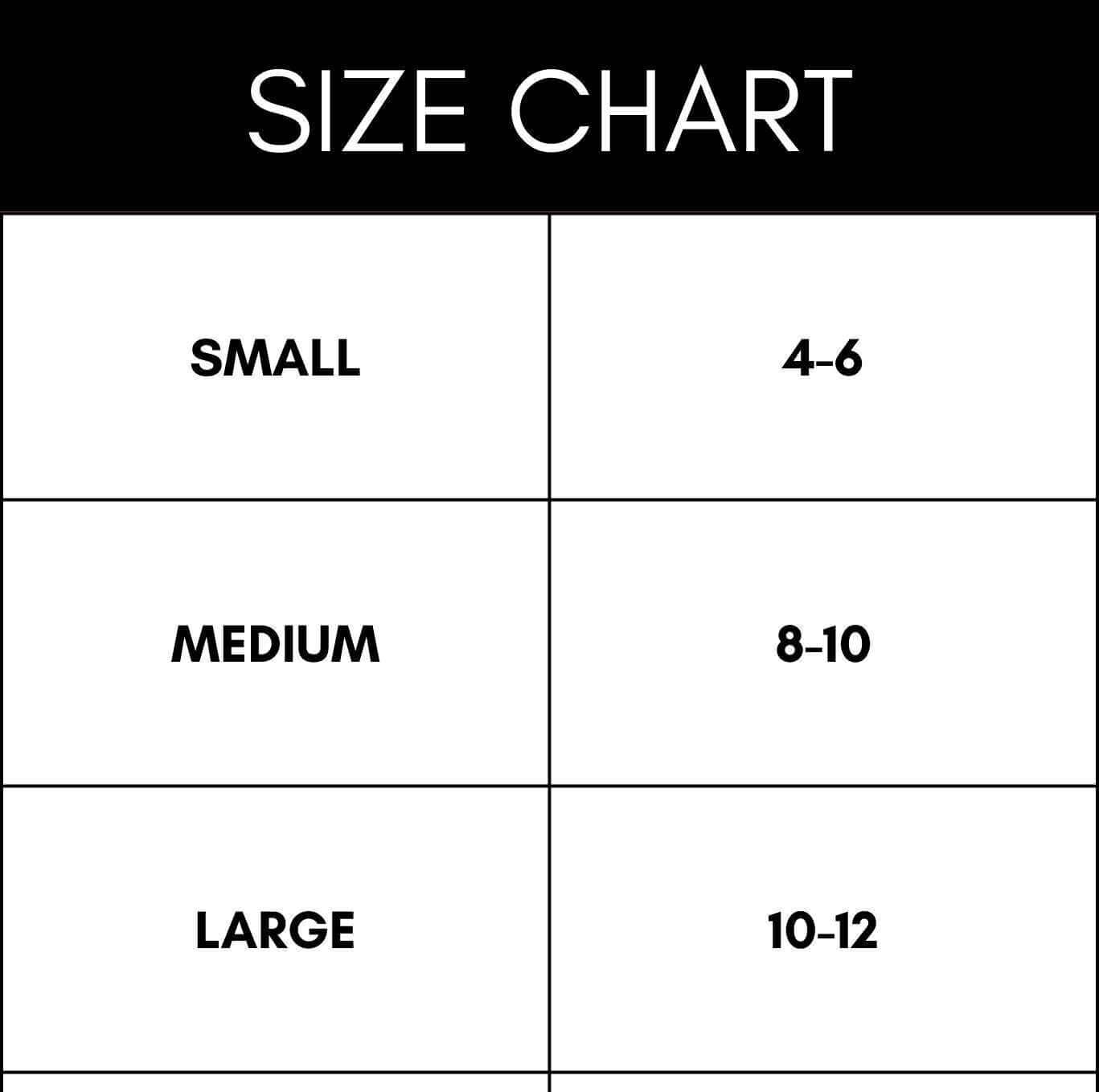 Size chart for clothing including small, medium, and large sizes with corresponding numeric ranges.