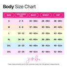 Body size chart for Jess Lea dresses, showcasing sizes S to 3XL with measurements for bust, waist, and hip.