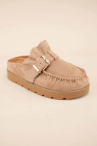 Effy Ruffle Entrance Design Slip-On Moccasin Mule in tan with buckled strap and ruffle detail.