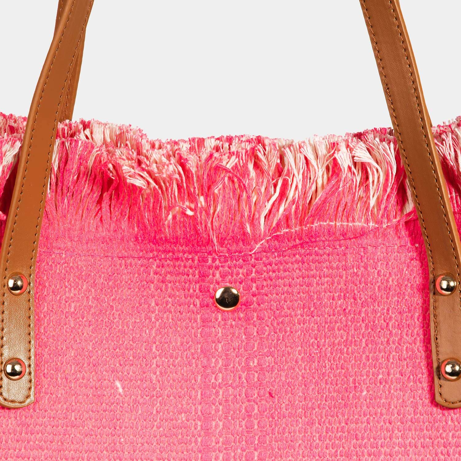 Two Tone Square Tote Bag close-up, showcasing pink fabric and brown handles, perfect for stylish outings.