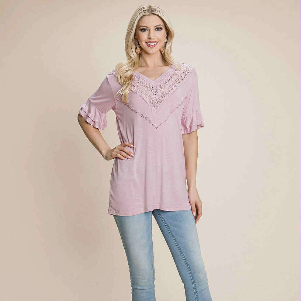 Soft pink Delicate Directions V-Neck Lace Trim Top with ruffled sleeves for a feminine, breezy style.