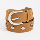 Flower studded belt in tan with silver buckle, measuring 41 inches, made of 100% PU, perfect for stylish outfits.