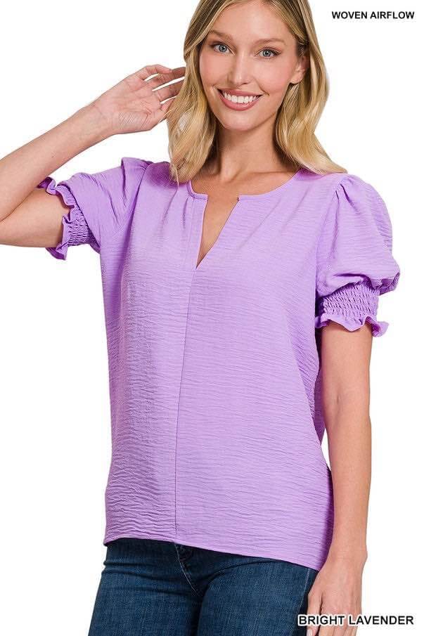 Zenana ALL DRESSED UP Top in bright lavender with smocked puff sleeves and v-neck, perfect for versatile styling.