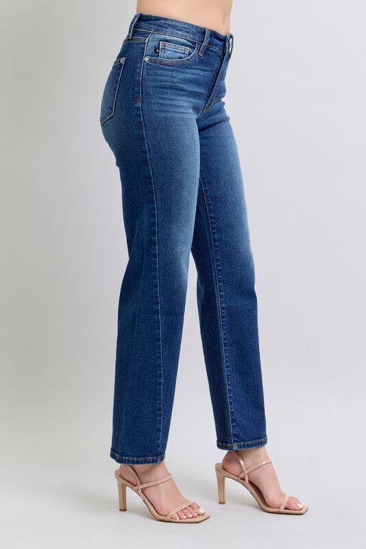 JUDY BLUE - NOELLE JEANS high-rise wide leg denim with modern side seam detail and dark wash.