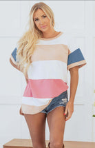 BOLD MOVES TOP featuring stylish stripes in pastel colors, perfect for casual summer outfits.