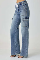 Risen Cargo Callie Jeans mid-rise cargo style wide straight jeans in premium denim blend for a timeless, stylish look.