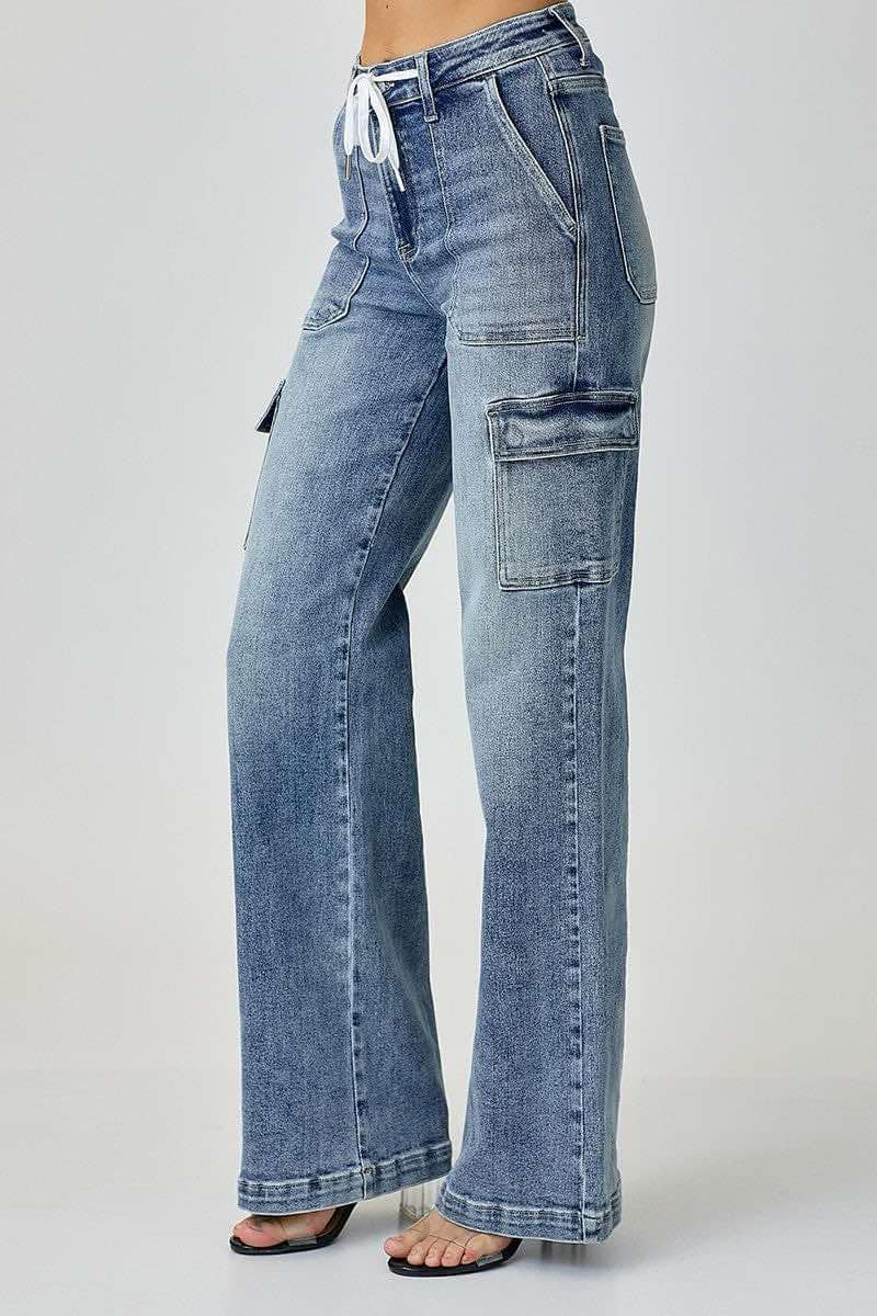 Risen Cargo Callie Jeans mid-rise cargo style wide straight jeans in premium denim blend for a timeless, stylish look.