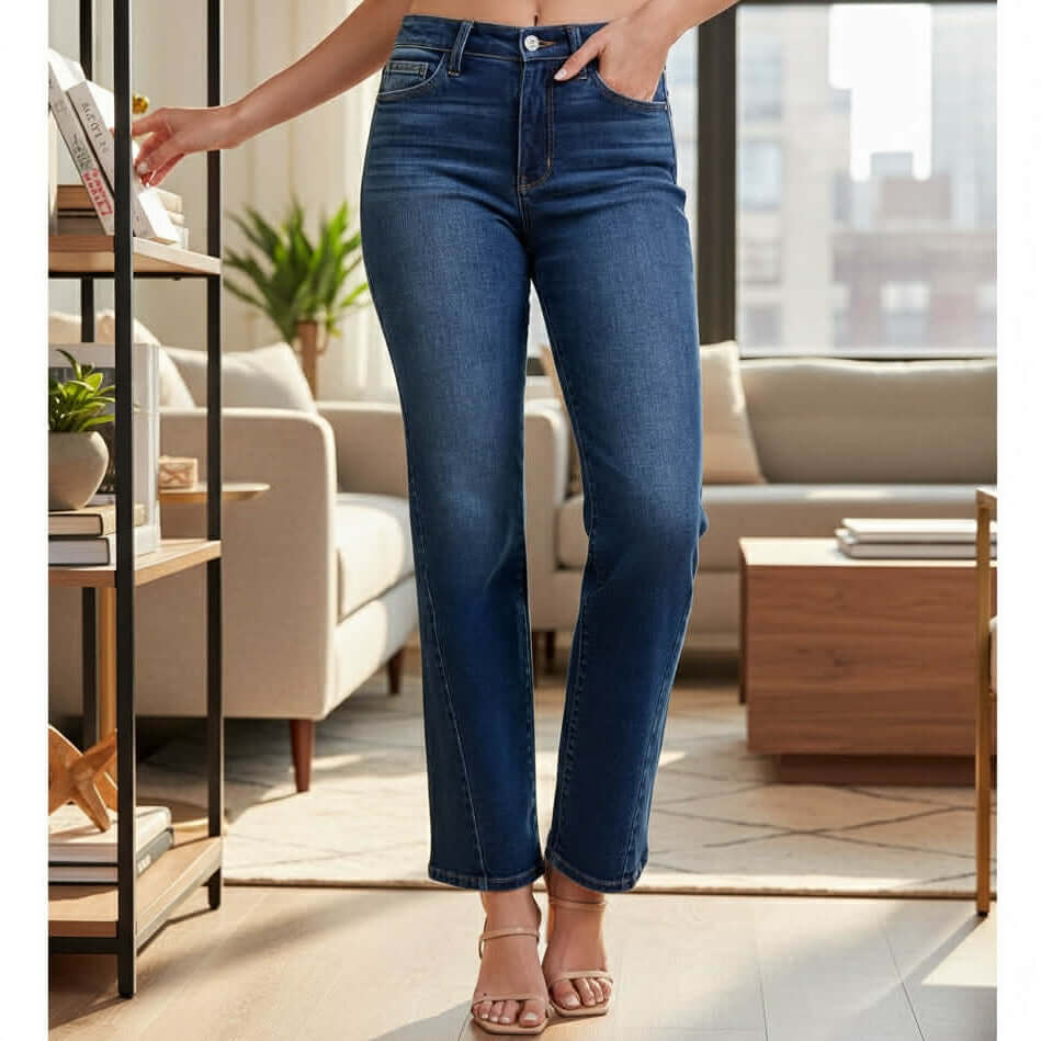 JUDY BLUE - NOELLE JEANS featuring a high-rise fit and wide leg straight cut in deep dark wash denim for a chic look.