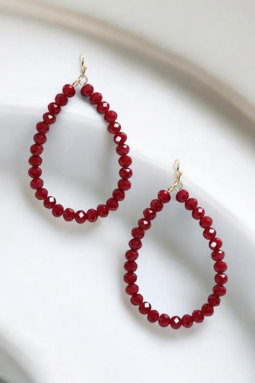 Faith Beaded Teardrop Hoop Earrings in red featuring elegant bead design by No. 3 Jewelry.