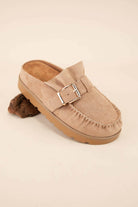 Effy Ruffle Entrance Design Slip-On Moccasin Mule in beige with stylish buckle and ruffle detail.