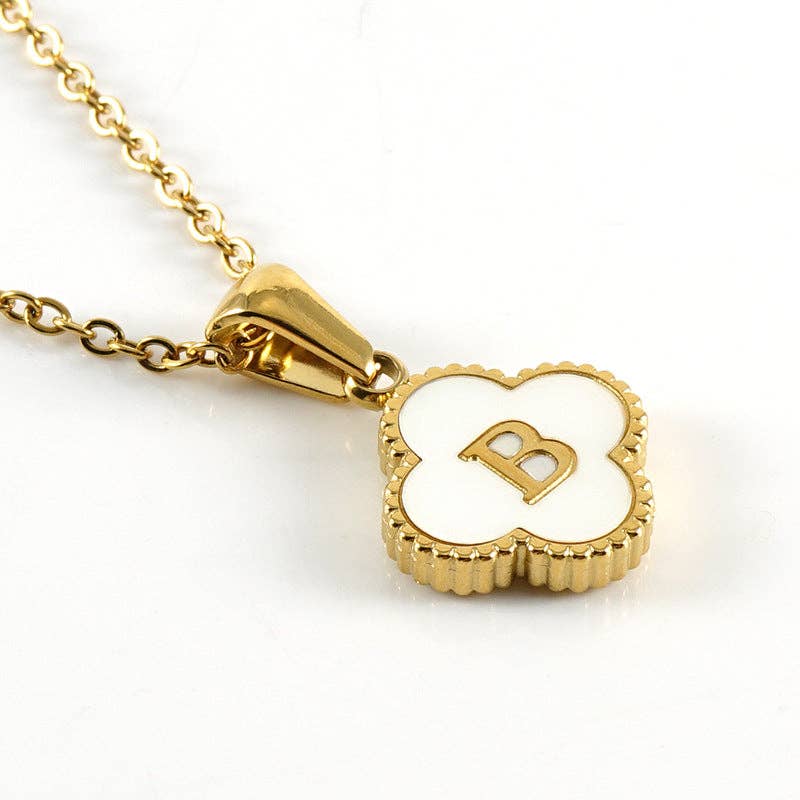 Clover Shell Initial Charm 18K Golden S.Steel Necklace - FGS with B pendant on a chain.