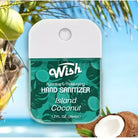 Wish Hand Sanitizer in Island Coconut scent, hydrating 35ml bottle with coconut background for effective cleanliness.