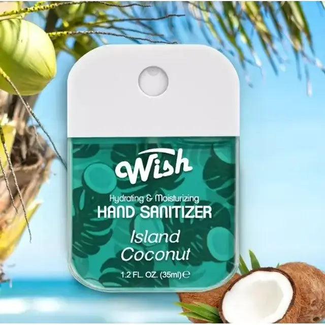 WISH Hand Sanitizer in Island Coconut scent, moisturizing formula in tropical-themed packaging.