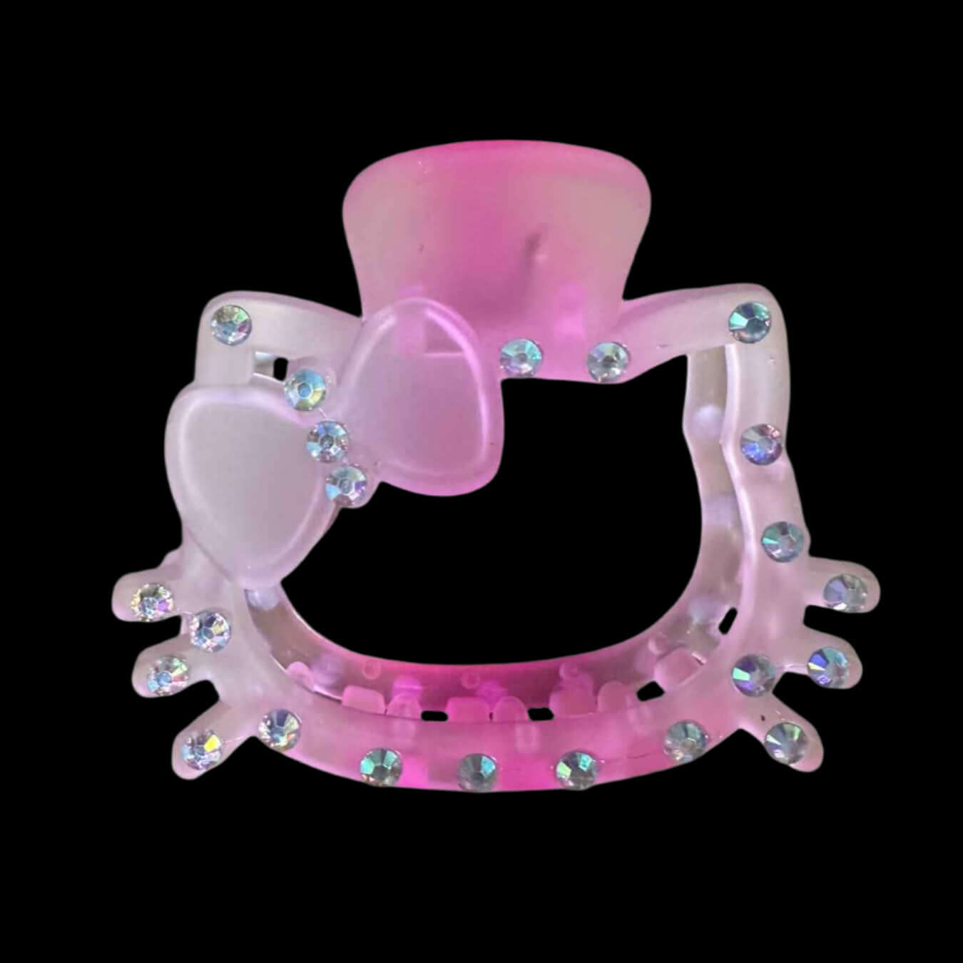 Large kitten hair clip with rhinestones and bow, measuring 3.5" x 2.5", perfect for playful hairstyles.