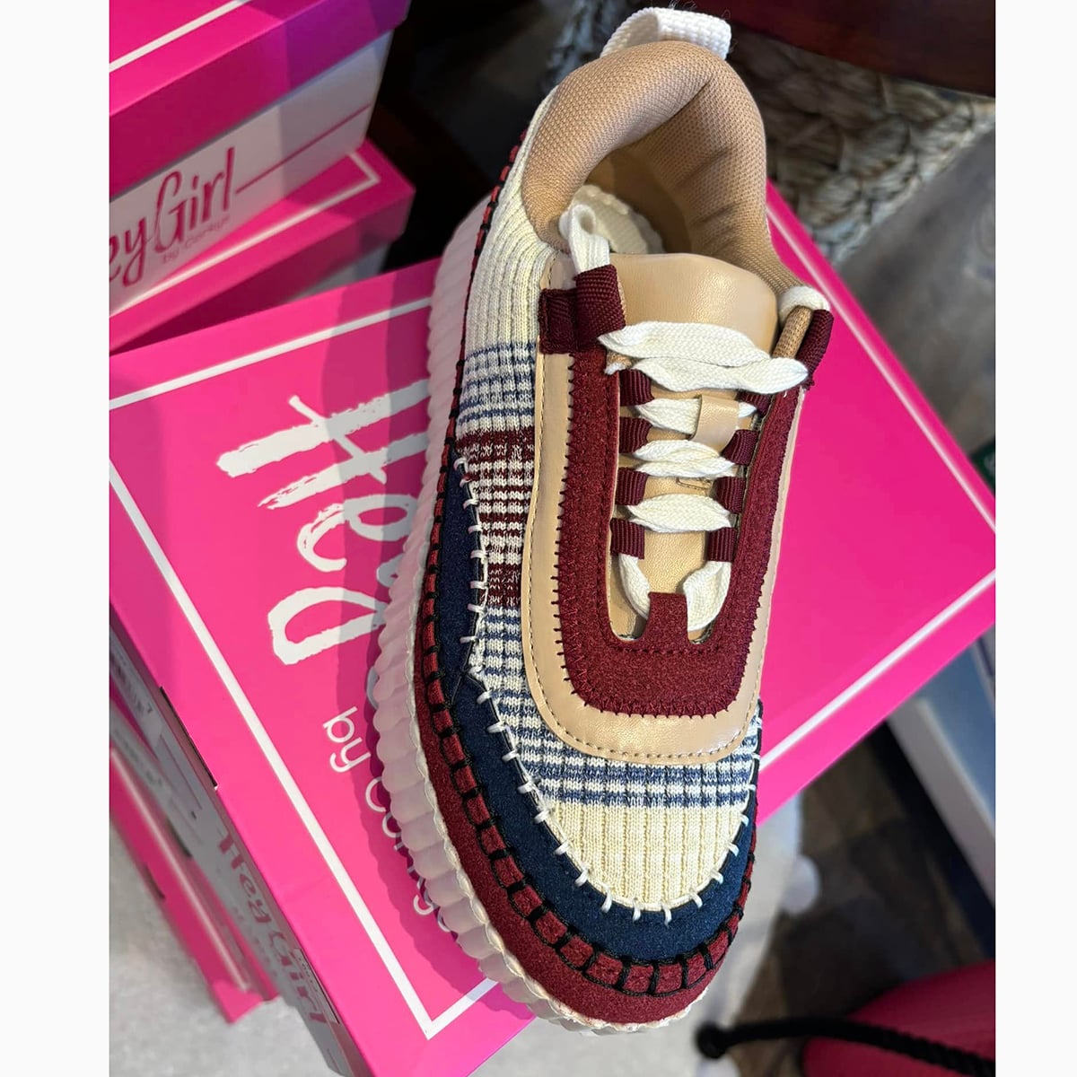 Corkys Adventure Sneakers in burgundy Aztec design with whipstitch details, perfect for style and comfort.
