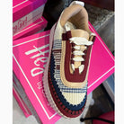 Corkys Adventure Sneakers in burgundy Aztec design with whipstitch details, perfect for style and comfort.