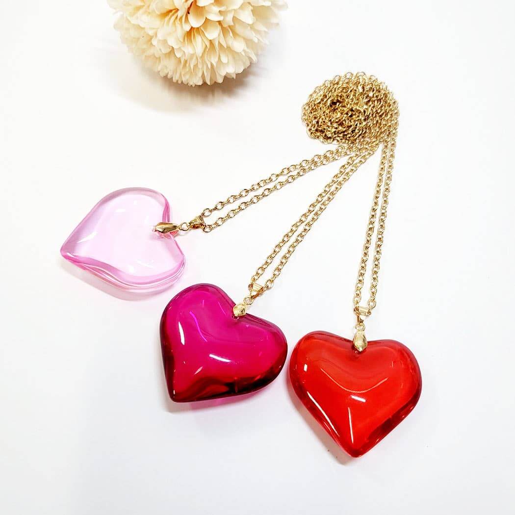 Valentine's Day heart-shaped pendant necklaces in pink, red, and purple; gold chains included; perfect gift for loved ones.