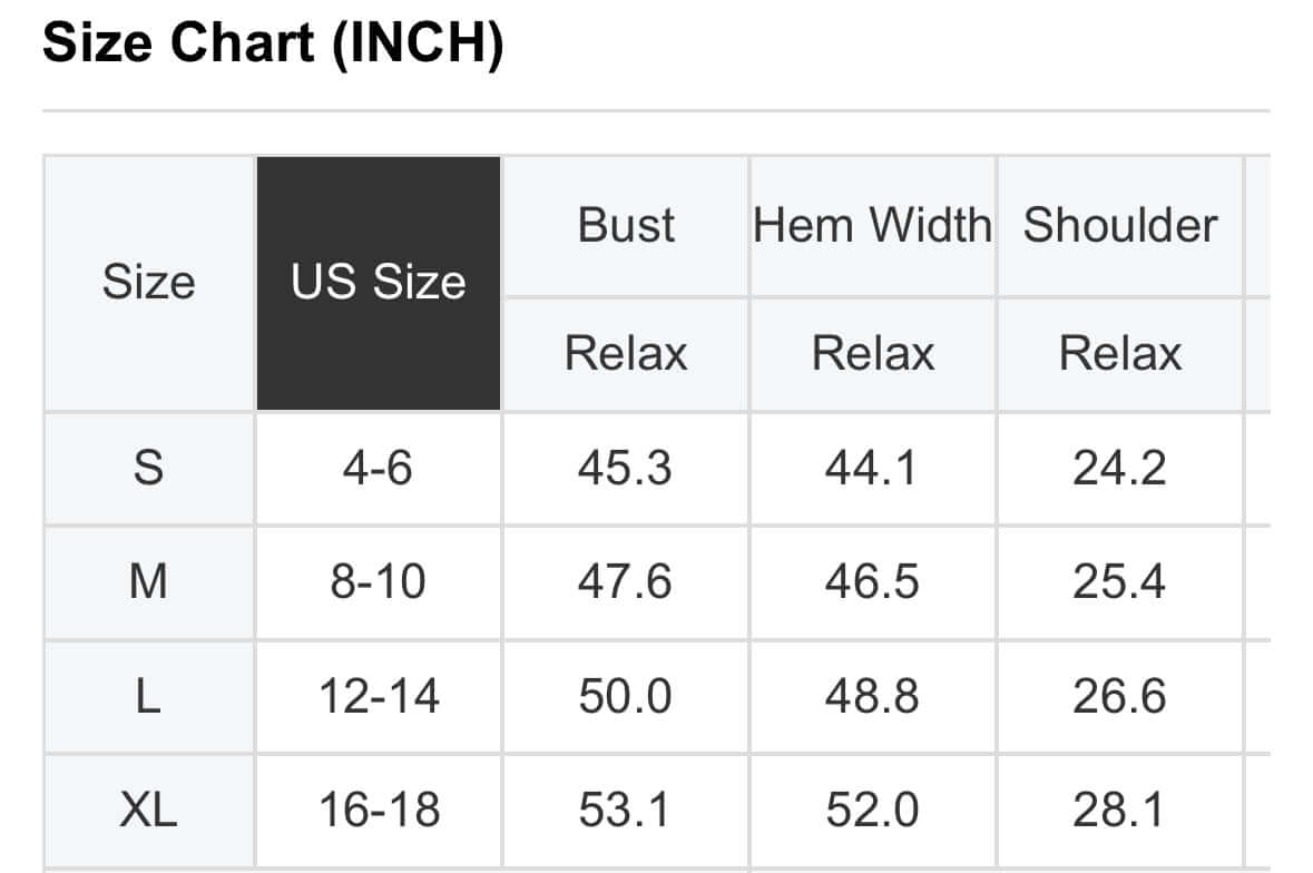 Size chart for BOLD MOVES TOP showing measurements for S, M, L, and XL in inches.