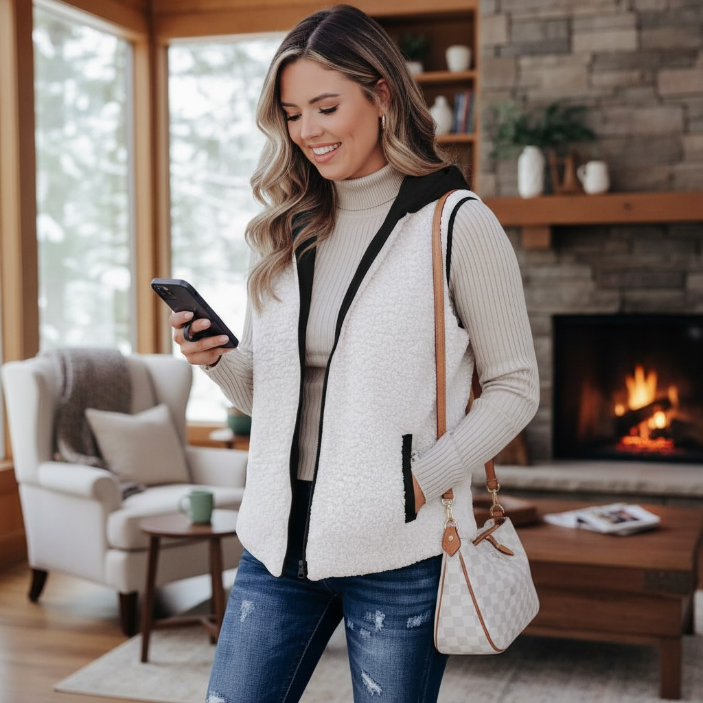 Woman wearing REVERSIBLE RETREAT VEST (black) while texting indoors by a cozy fireplace.