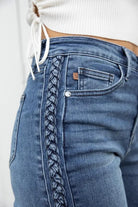 Judy Blue Braided Betty Jeans with stylish braided side detail and wide leg design for a trendy, comfortable fit.