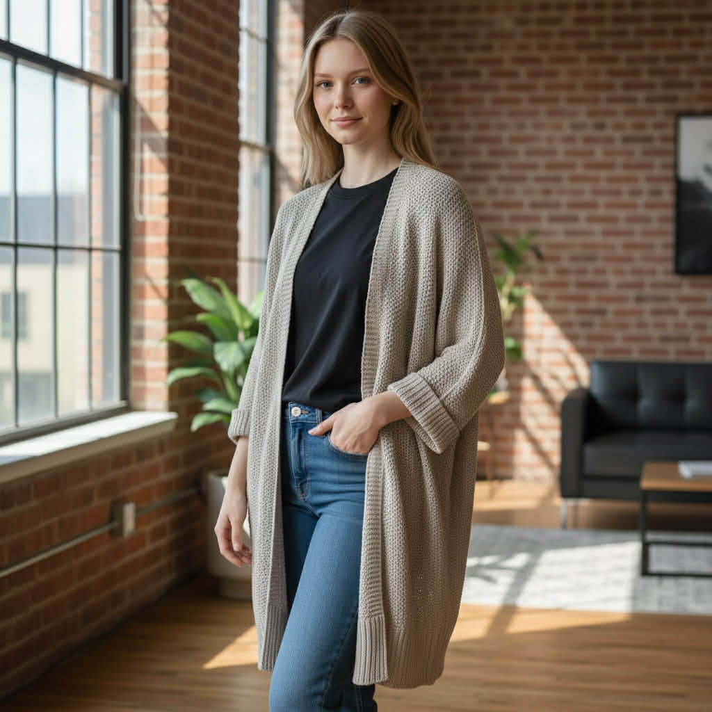 A woman models the BAREFOOT MORNINGS CARDIGAN in a cozy, modern living space with large windows and brick walls.