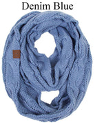 C.C Story Book Knitted Scarf in Denim Blue, cozy infinity style with cable knit design and high-quality acrylic fabric.