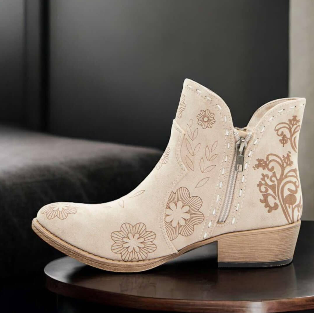 Light gray Very G Drift Bootie with floral print and faux suede upper, featuring a 1.5" heel and vegan leather design.