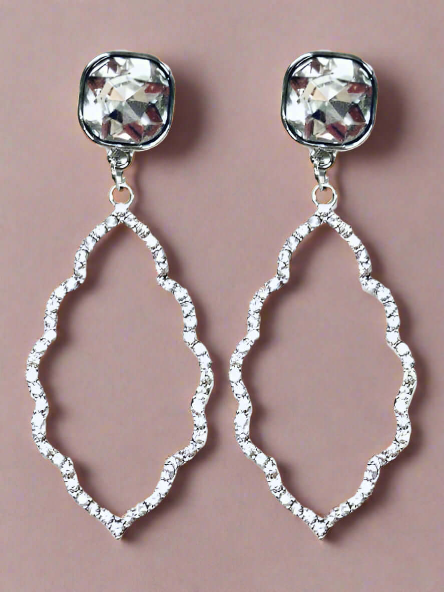Sparkle & Shine Earrings in Silver tone with rhinestone geometric design, 1x2.9 inches, stylish dangle earrings.