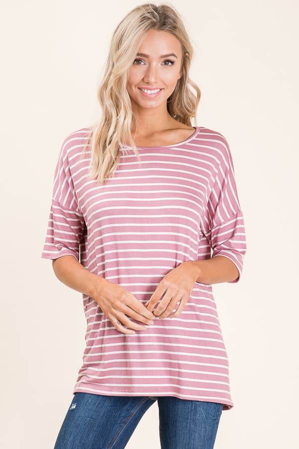 Soft mauve striped Sunday Stripes Top for relaxed everyday style and comfort.