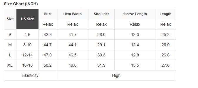 Size chart for SUGAR RUSH apparel, including measurements for S, M, L, and XL. Easy fitting guide.