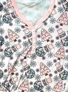 Pink snowman and Christmas tree pajamas from Shirley & Stone with faux buttons and drawstring waist.