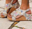 Corkys Carley Floral platform cork wedges with vibrant floral pattern, perfect for stylish summer outings.