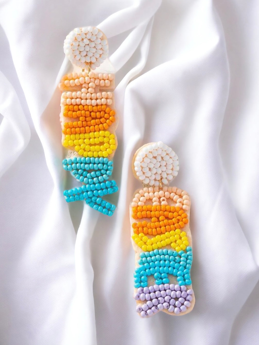 Colorful EASTER TIME beaded earrings in pastel shades of orange, yellow, and blue, perfect for festive celebrations.