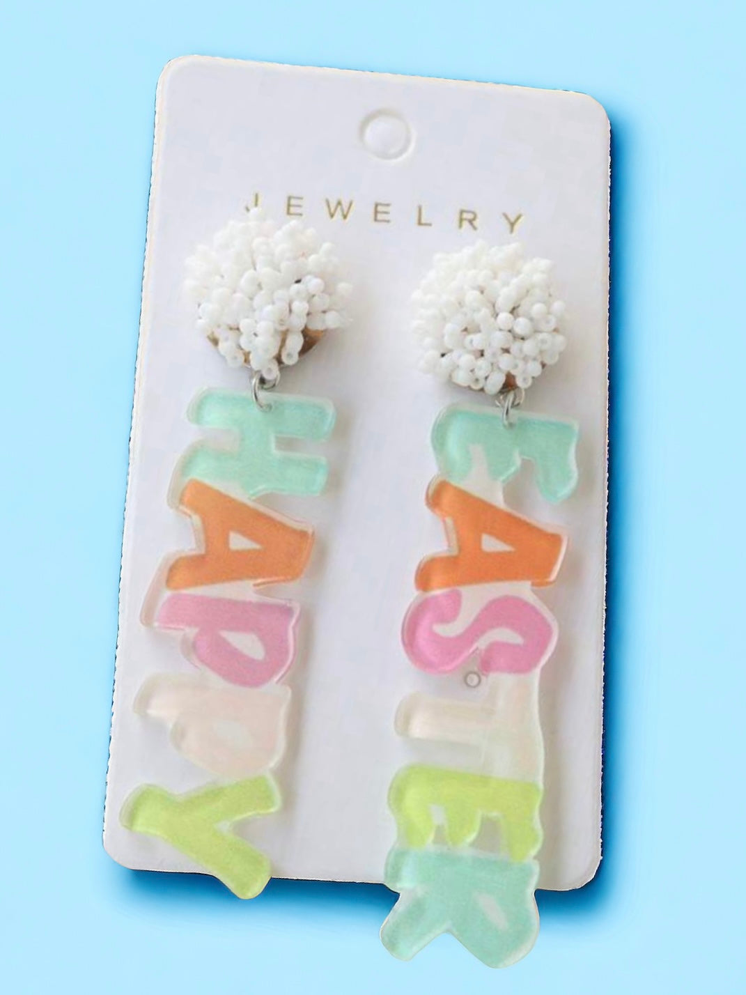Super cute HOPPY EASTER earrings with colorful letters on a jewelry card, perfect for festive spring celebrations.