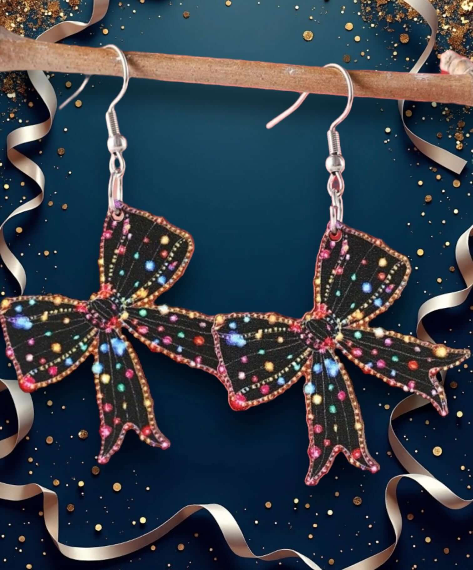 Christmas Twinkle Bow Earrings featuring colorful light bow design, perfect for adding vintage charm to holiday outfits.