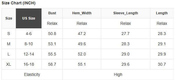 Size chart for BOLD BOUNDARIES TOP by Vivian-Lu detailing bust, hem width, sleeve length, and overall length for sizes S to XL.