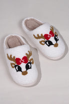 Cute reindeer-themed slippers with antler and bow design, cozy material, Cupid The Reindeer Slippers, nonslip bottoms.