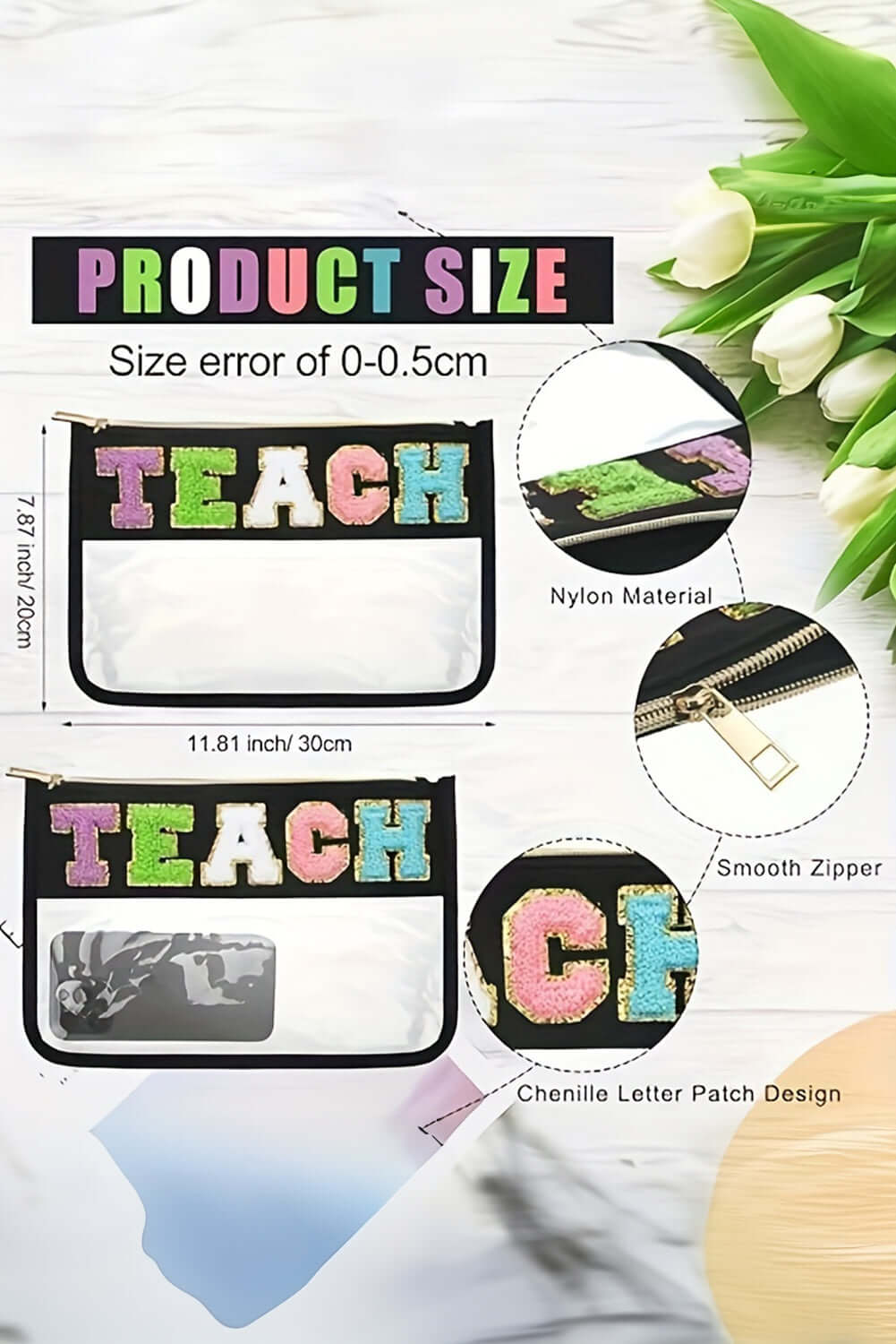 In My Teacher Era bag showing size dimensions, clear PVC panel, and colorful chenille letters spelling TEACH.