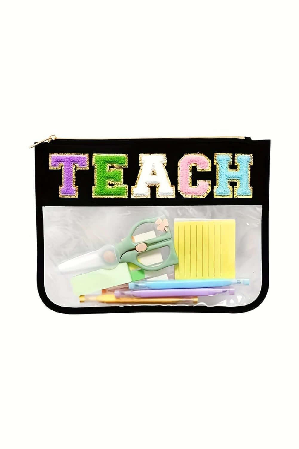 In My Teacher Era bag with colorful "TEACH" embroidery, clear pouch showcasing school supplies and organizational tools.